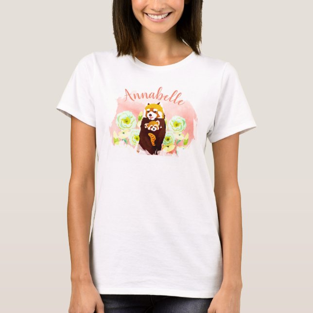 Personalized Pink Red Panda Mom Baby T-shirt (Front)