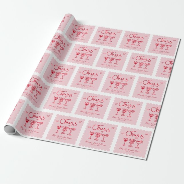 Personalized Pink Red Retro Bridal Shower Wrapping Paper (Unrolled)