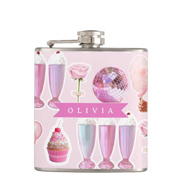 Personalized Pink Retro Milkshake Cute Coquette Flask (Front)