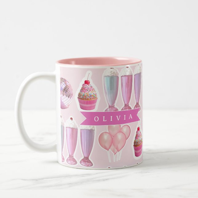 Personalized Pink Retro Milkshake Cute Coquette Two-Tone Coffee Mug (Left)