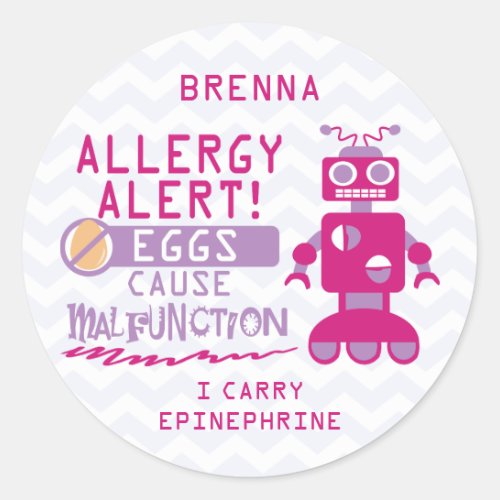 Personalized Pink Robot Egg Allergy Alert Classic Round Sticker