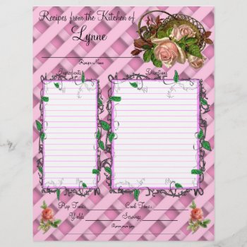 Personalized Pink Rose Design Recipe Page by Lynnes_creations at Zazzle