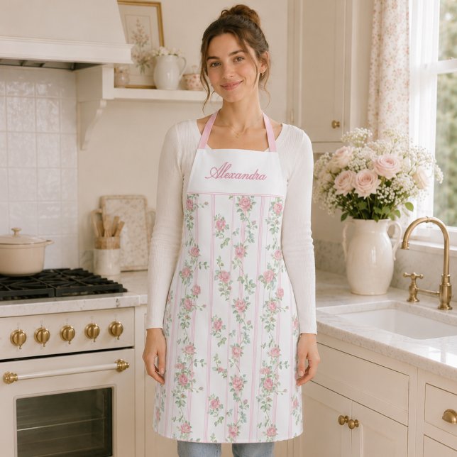 Personalized Pink Rose Floral Apron (cute elegant pink coquette grandmillennial vintage rose floral apron with custom monogram name)