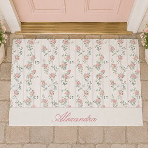 Personalized Pink Rose Floral Doormat