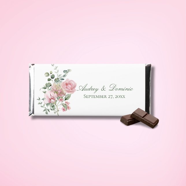 Personalized Pink Rose Floral Garden Wedding Hershey Bar Favors (Elegant floral Hershey chocolate bars with pink roses and greenery for botanical garden weddings)