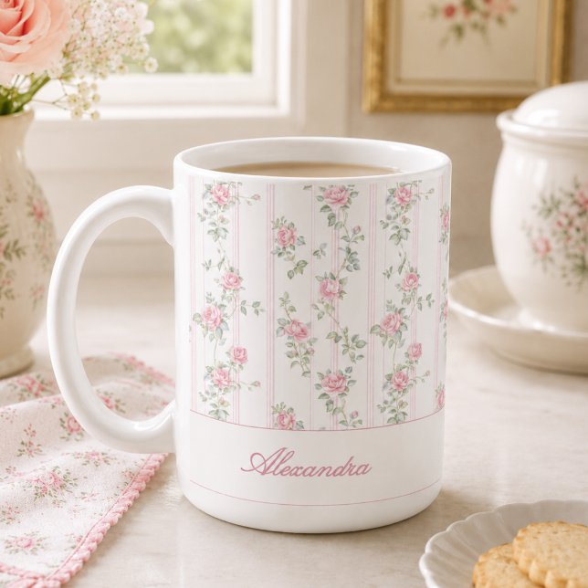 Personalized Pink Rose Floral Monogram Mug (elegant grandmillennial shabby chic pink rose floral mug with custom monogram name in calligraphy)