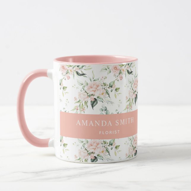 Personalized Pink Rose Greenery Elegant Florist Mug (Left)