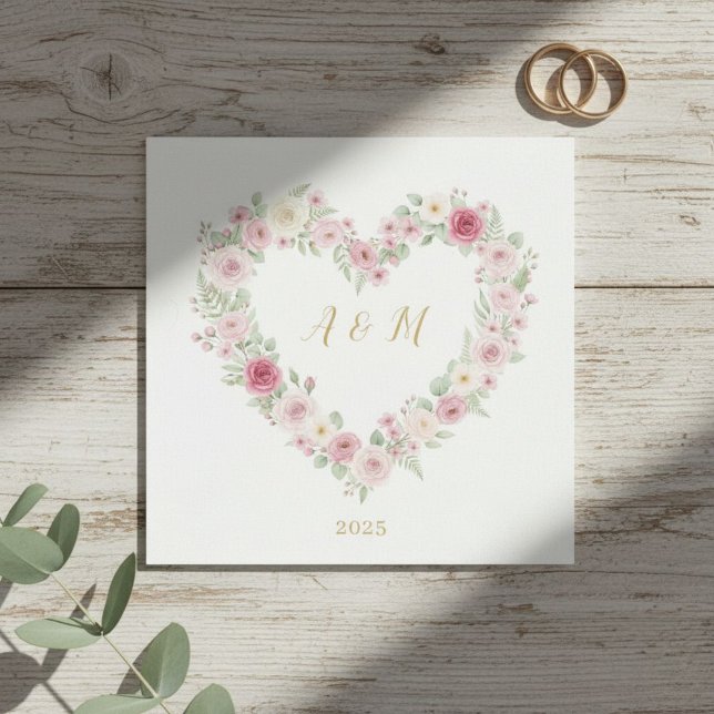 Personalized Pink Rose Heart Wreath Paper Napkins (Creator Uploaded)
