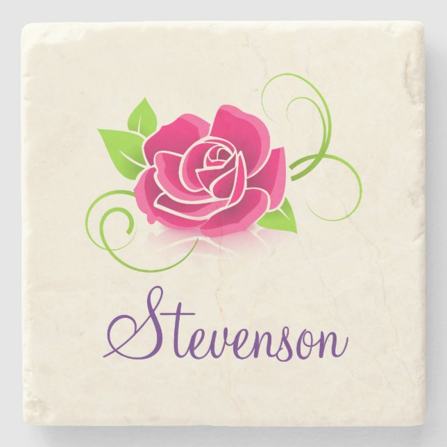 Personalized Pink Rose Illustration Stone Coaster (Front)