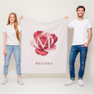 Personalized Pink Rose Monogram Name Elegant Cream Fleece Blanket
