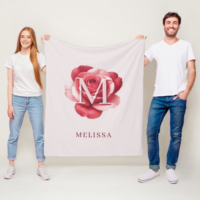 Personalized Pink Rose Monogram Name Elegant Cream Fleece Blanket (In Situ)