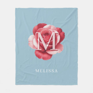 Personalized Pink Rose Monogram Name Soft Blue Fleece Blanket
