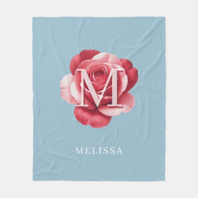 Personalized Pink Rose Monogram Name Soft Blue Fleece Blanket (Front)