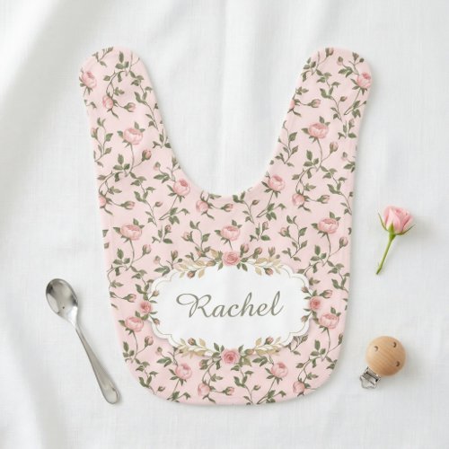 Personalized Pink Rose Vine Floral Baby Bib