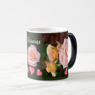 Personalized Pink Roses and Hearts Color Morph Mug
