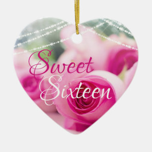 Personalized Pink Roses and Lights Sweet Sixteen Ceramic Ornament
