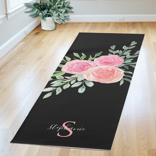 Personalized Pink Roses Black Yoga Mat