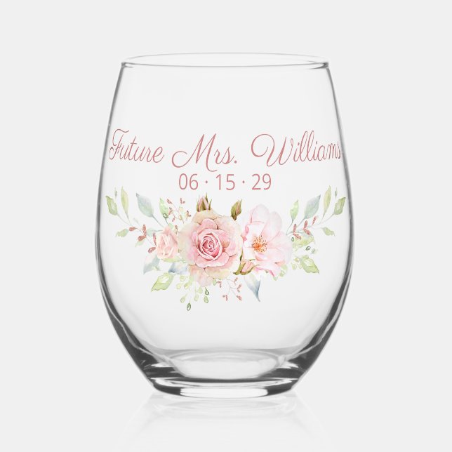 Personalized Pink Roses Bridal Drinkware Set Stemless Wine Glass (Front)