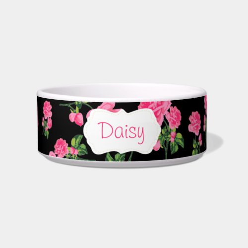 Personalized pink roses floral bowl _ black