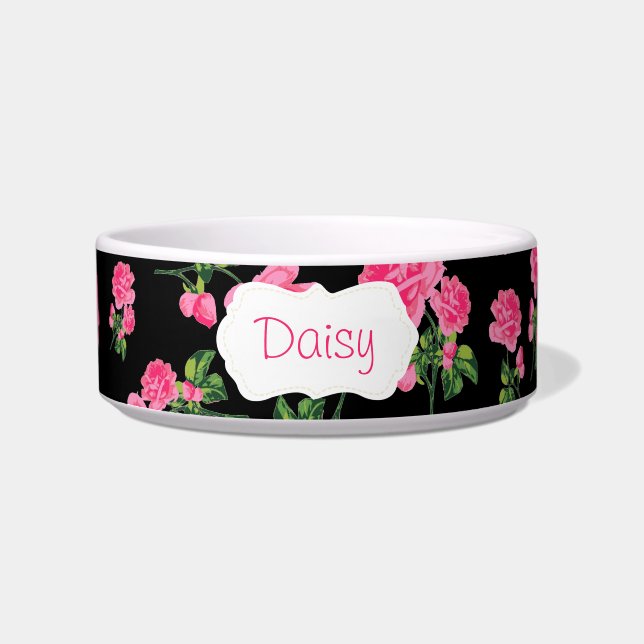 Personalized pink roses floral bowl - black (Front)