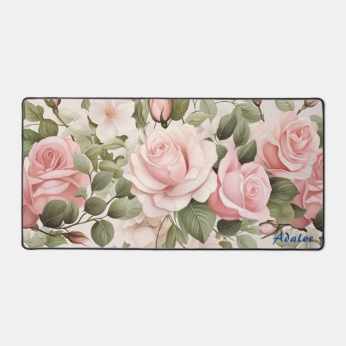 Personalized Pink Roses Floral Desk Mat