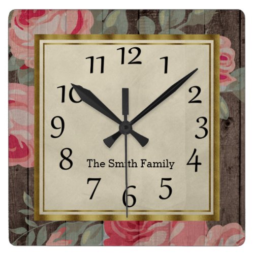 Personalized Pink Roses Green Leaves Rustic Wood Square Wall Clock