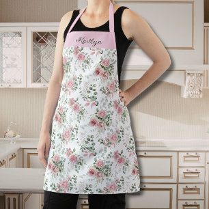 Personalized Pink Roses Pattern Floral Garden Apron