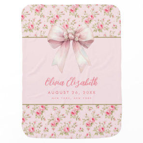 Personalized Pink Roses Pink Bow Girl Baby Blanket