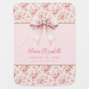 Personalized Pink Roses Pink Bow Girl  Baby Blanket