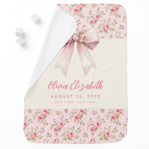 Personalized Pink Roses Pink Bow Girl  Baby Blanket