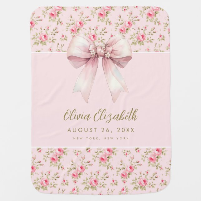 Personalized Pink Roses Pink Bow Girl  Baby Blanket (Front)