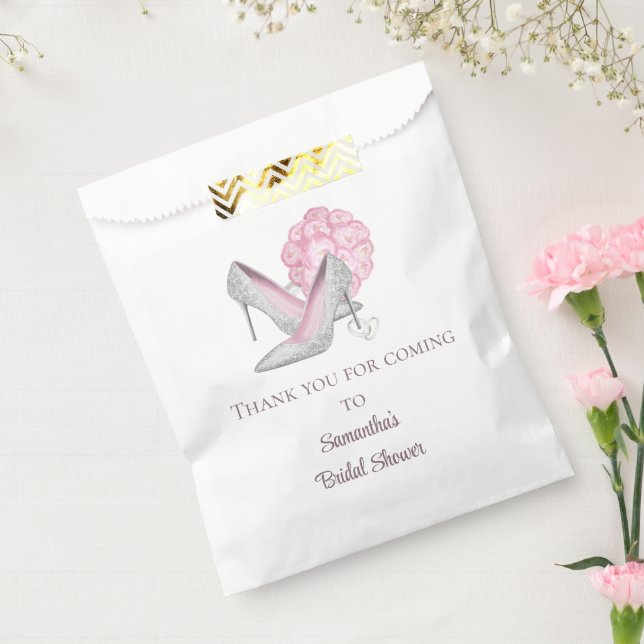 Personalized Pink Roses Silver Heels Bridal Shower Favor Bag (Sealed)