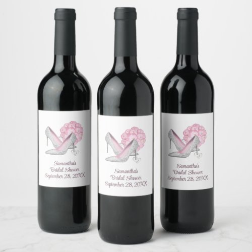 Personalized Pink Roses Silver Heels Bridal Shower Wine Label