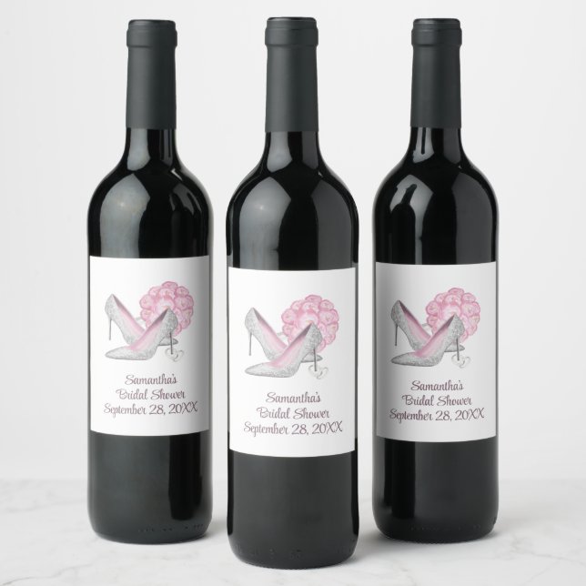 Personalized Pink Roses Silver Heels Bridal Shower Wine Label (Bottles)