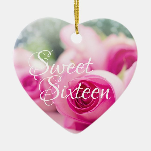 Personalized Pink Roses Sweet Sixteen Christmas Ceramic Ornament (Front)