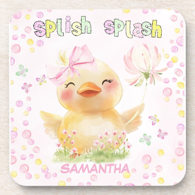 Personalized Pink Rubber Duck  Beverage Coaster (Front)