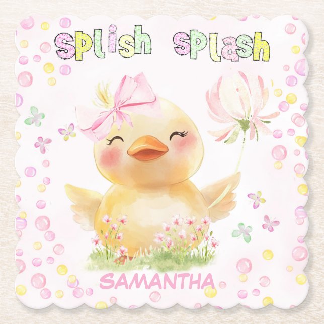Personalized Pink Rubber Duck Paper Napkin Coaster (Front)