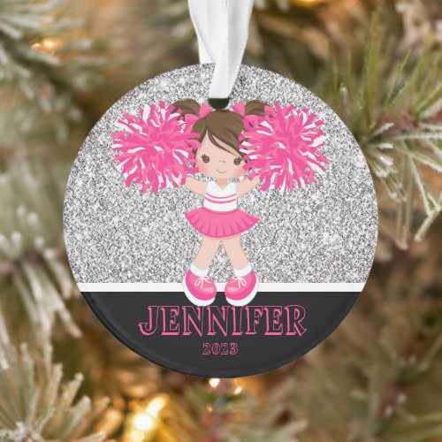 Personalized Pink  Silver Cheerleading Ornament 