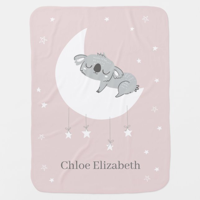 Personalized Pink Sleeping Koala Girl Baby Blanket (Front)