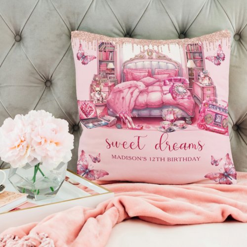 Personalized Pink Sleepover Girl Birthday Throw Pillow