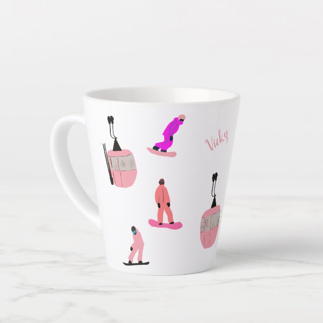 Personalized Pink Snowboard Snowboarding Small Latte Mug (Left Angle)