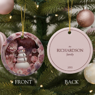 Personalized Pink Snowman Christmas Ceramic Ornament