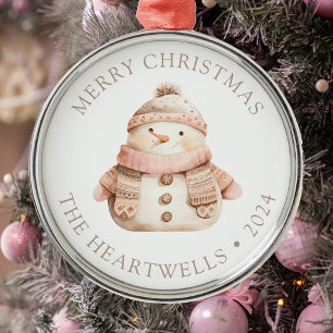 Personalized Pink Snowman Merry Christmas Metal Ornament