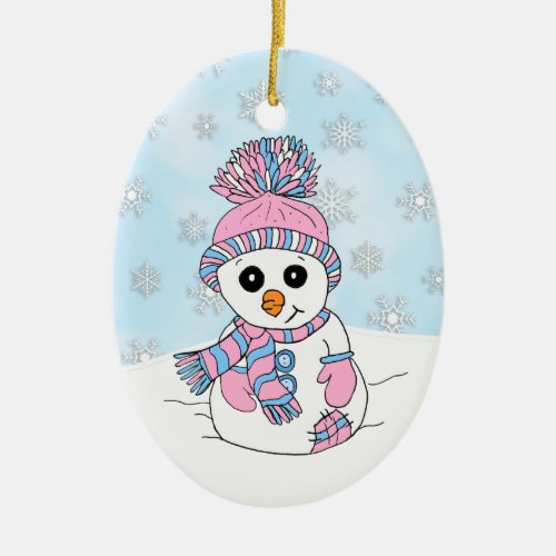 Personalized Pink Snowman  Snowy Day Christmas Ceramic Ornament