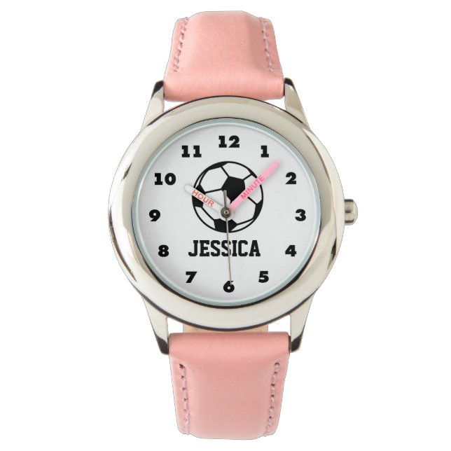 Personalized pink soccer ball watch for girls (Front)