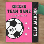 Personalized Pink Soccer Player Name Fleece Blanket<br><div class="desc">Personalized soccer themed fleece blanket for soccer players when they're not scoring goals on the field, and for their parents to support their kids and stay warm at chilly games! Makes a unique team gift for travel tournaments. Design features a soccer ball customized with the player's uniform number, custom text...</div>