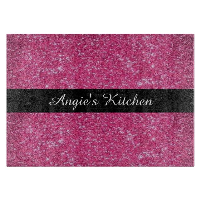 Personalized Pink Sparkly Glitter Kitchen Gadget Cutting Board (Front)