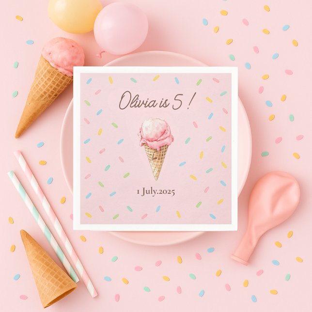 Personalized Pink Sprinkle Ice Cream Birthday  Napkins (Creator Uploaded)