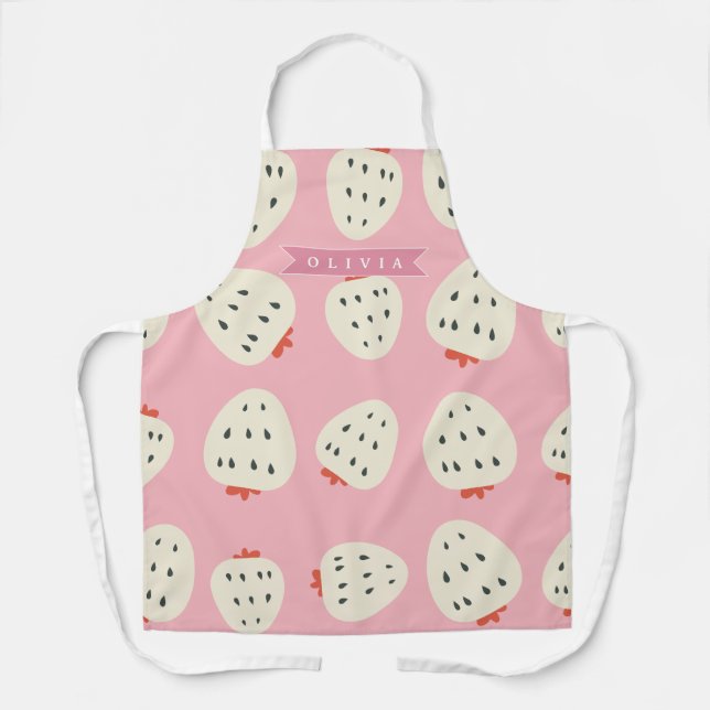Personalized Pink Strawberry Name Cute Girly Apron (Front)