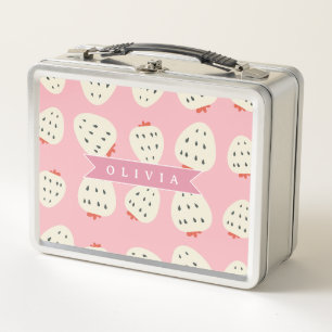 Personalized Pink Strawberry Name Cute Girly Metal Lunch Box